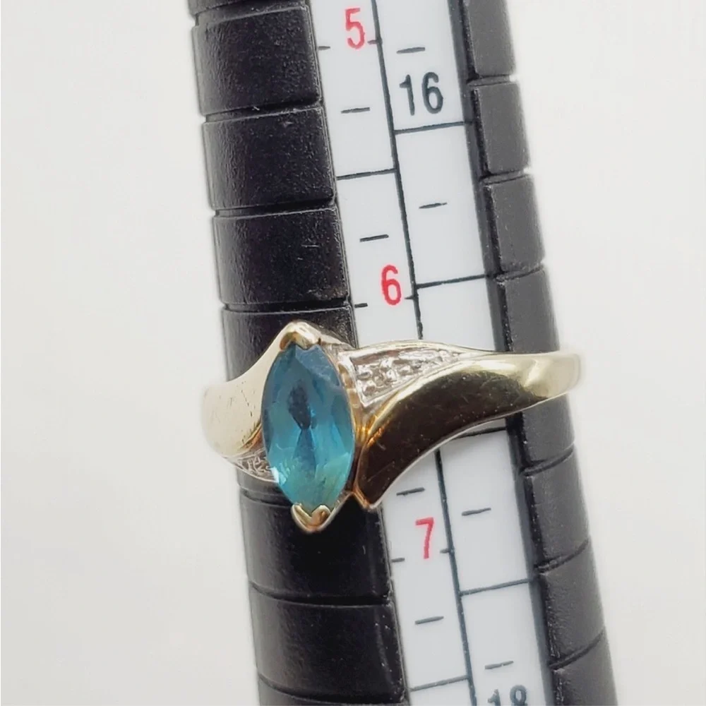 10k Solid Yellow Gold Marquise Shaped Blue Topaz & Diamond Accent Ring